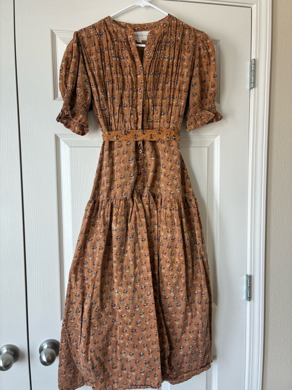 Daughters of India Burnt Orange Floral Pintuck Midi Dress with Belt